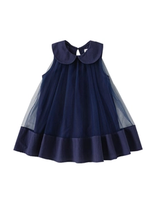Navy blue sleeveless girls mesh princess dress with Peter Pan collar and tutu skirt