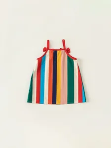Colorful striped cotton girl's summer dress with red shoulder straps and bow details