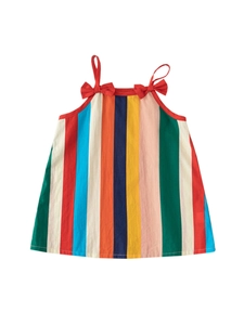 Girl's colorful vertical striped sundress with red ribbon bows for summer beach wear