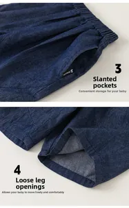 Detail of loose fit boys denim shorts with elastic waist and side pockets for summer
