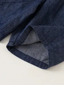 Boy's casual dark blue denim shorts with high-density twill fabric and neat stitching