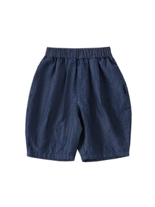 Boys deep blue denim shorts with elastic waistband and geometric stitching detail