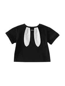 T-shirt nera per bambini in cotone con orecchie di coniglio 3D grigie e girocollo