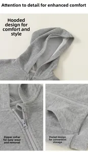 Détail d'un sweat à capuche gris clair avec fermeture éclair en métal et poches