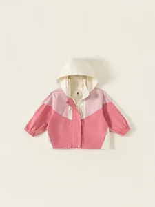 Mädchen Patchwork Kapuzen-Windjacke Lässige Polyester Reißverschluss Oberbekleidung Mantel Für Kinder Kleinkinder Mode Winddichte Tops