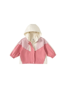 Kinder Kapuzenwindjacke mit rosa und beige Farblock-Design und elastischen Ärmelbündchen