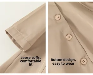 Detail view of khaki trench coat showing relaxed cuffs and three-button closure layout