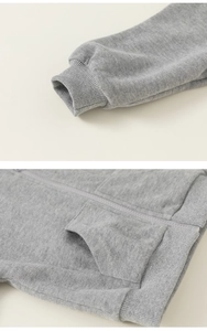 Détails du sweat gris avec poignets côtelés coupe-vent et poches plaquées sur le côté