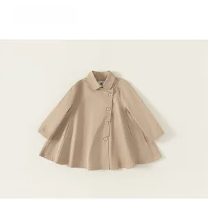 Flat lay of khaki kids trench coat featuring Peter Pan collar and pleated umbrella hem detail
