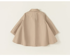 Back view of a beige A-line cloak coat for girls featuring elegant pleated details