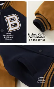 Detail of kid varsity jacket featuring chenille B patch and striped ribbed cuffs