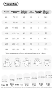 Detailed size chart for kids baseball jacket covering height 80cm to 140cm measurements