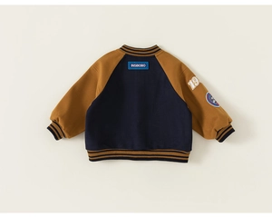 Detail view of navy and brown baseball jacket showing INSBOBO patch and numeric 19 embroidery