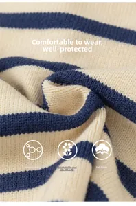 Detailed macro view of soft navy and beige striped knit fabric for children's cardigan