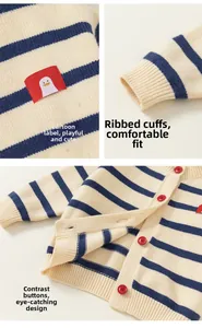 Detail of striped knit cardigan with penguin patch, ribbed cuffs and red buttons
