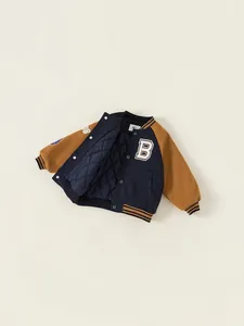 Kids navy and caramel baseball jacket with B patch embroidery and quilted lining