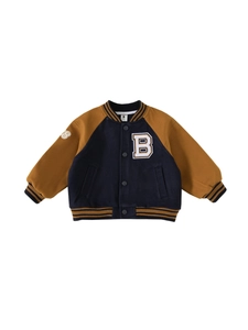 Kids navy and tan varsity baseball jacket with letter B patch and striped ribbed cuffs