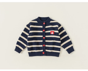Detail of baby striped knit cardigan with red buttons and cartoon bird patch