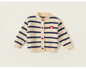 Detailed view of kids striped cardigan with red buttons and a cute duck patch embroidery