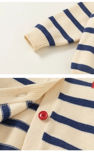 Detail of striped knit cardigan with red buttons and ribbed cuffs for kids