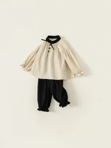 Girls Korean Style Cotton Shirt And Cuffed Pants Two Piece Outfit Autumn Long Puff Sleeve Beige Black Floral Clothing Set
