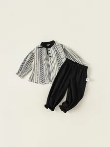 Kids black and white patchwork blouse and jogger pants set for spring and autumn