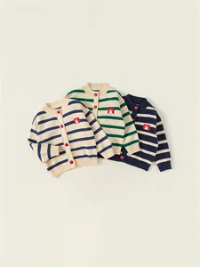 Girls Striped Knit Cardigan Sweater with Red Contrast Buttons and Cartoon Patch Casual Long Sleeve Autumn Coat Kids Apparel