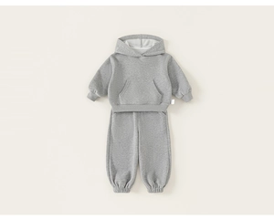 Flat lay of a cozy grey cotton hoodie and matching joggers set for toddlers and kids