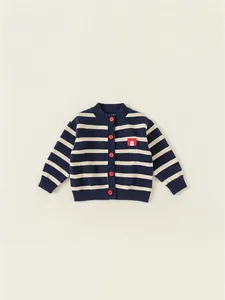 Classic navy and cream striped knit cardigan for girls with bright red buttons and patch