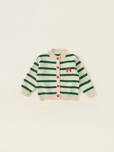 Girls striped knit cardigan with red buttons and cute cartoon pocket detail
