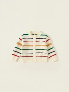Girls striped knitted cardigan with colorful stripes and cute bear embroidery patch