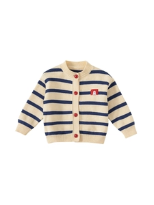 Girls striped knit cardigan sweater with navy stripes and cute penguin patch for spring