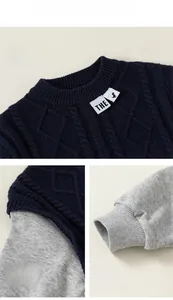 Close-up of knit sweatshirt with cable pattern, ribbed cuffs and layered collar details