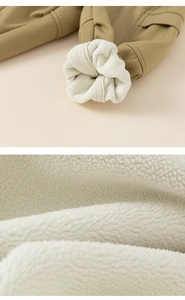 Detailed macro view of children's trousers featuring warm white faux shearling lining