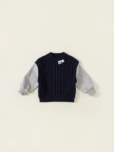 Kids Boys Fake Two Piece Cable Knit Sweater Long Sleeve Patchwork Pullover Top Navy Blue Grey Casual Spring Autumn Clothes