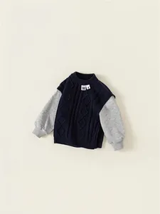 Boys' navy knit pullover with grey sleeves for spring autumn casual kids' wear