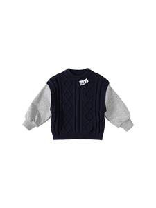 Boys navy knit sweater with grey sleeves and casual crew neck patchwork design