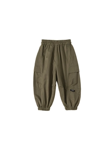 Olive green cargo pants for children featuring elastic waist and functional side pockets