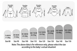 Detailed size chart for kids traditional dress showing measurements from 80 to 150 cm height