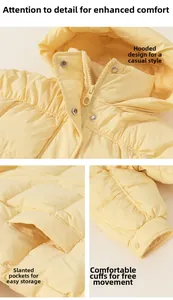 Detailed views of light yellow kids down jacket showing hood, zipper and elastic cuffs