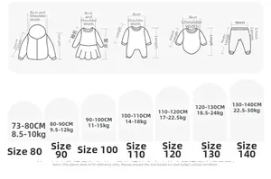 Detailed size chart for children's festive red vests and winter padded clothing guide