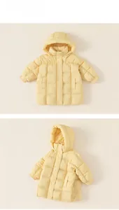 Detailed views of kids yellow down coat with hood and windproof ribbed cuffs
