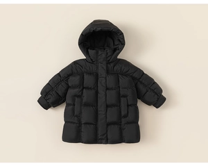 Detailed view of kids' black quilted down coat with warm hood and ribbed windproof cuffs
