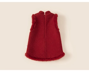 Detailed back view of a red girls' princess dress with gold glitter and faux fur trim