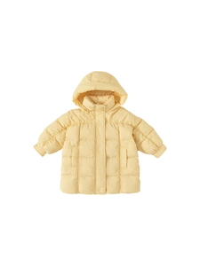 Winter yellow hooded down jacket for kids featuring warm 90% white duck down filling