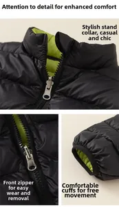 Detail of reversible kids down jacket featuring stand collar and elastic windproof cuffs