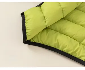 Detailed close-up of bright green quilted down jacket with neat black knitted piping detail