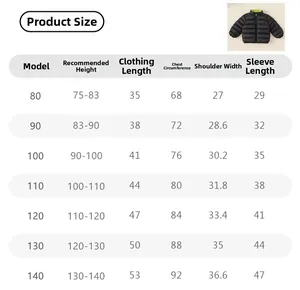 Detailed size guide table for kids reversible down jacket showing precise measurements