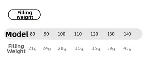 Size chart showing white duck down filling weight for children lightweight jackets