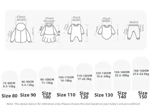 Size chart for children's down jacket and trousers showing height and weight measurements